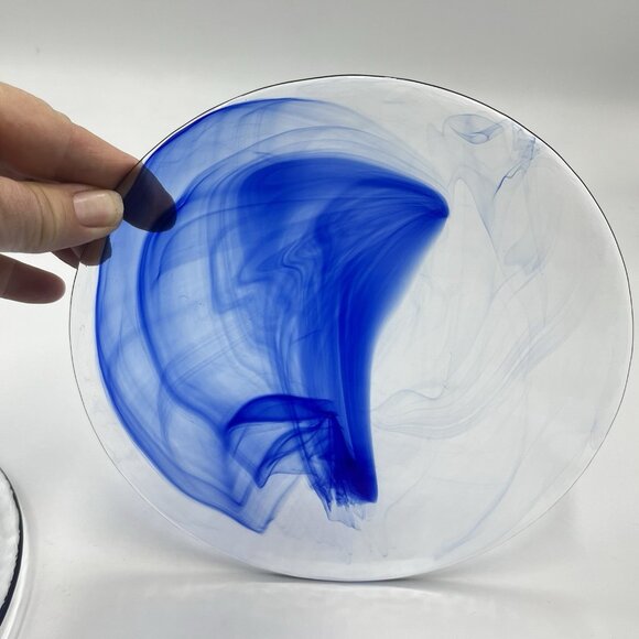 2 Bormioli Rocco Murano Cobalt Blue Swirl Clear Glass Salad Plates 8" Vintage - Picture 4 of 5